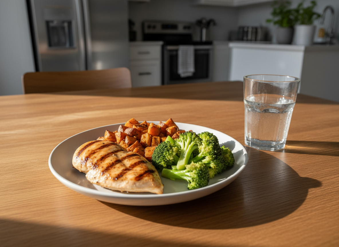 A simple, well-balanced post-workout meal plated on a matte white ceramic dish: grilled chicken breast with defined sear marks, a portion of roasted sweet potatoes with crisp edges, and steamed broccoli florets glistening slightly. The plate rests on a natural wood dining table with visible grain, beside a clear glass of water with condensation droplets. In the softly blurred background, a tidy, modern kitchen with stainless steel appliances and minimal clutter suggests family life. Late afternoon natural light streams through an unseen window, creating soft highlights on the food and subtle shadows along the table. Shot from a three-quarters overhead angle, the composition is clean and structured, evoking a practical, approachable, and health-focused mood. Photographic realism with vibrant yet natural colors.