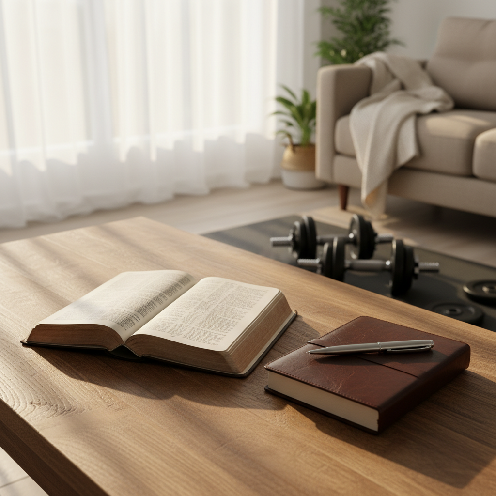 An open Bible with slightly worn, thin pages rests on a sturdy wooden coffee table, next to a closed leather-bound journal and a pen placed neatly across it. A pair of adjustable dumbbells sits on the floor in the mid-ground on a dark exercise mat, subtly connecting faith and fitness. In the softly blurred background, a cozy living room with a neutral-toned sofa and a neatly folded throw blanket suggests a family environment. Warm early-morning sunlight filters through sheer curtains, creating gentle highlights on the pages and soft shadows across the table. Captured at a low, slightly angled perspective focusing on the Bible and journal, the composition feels contemplative, grounded, and professional. Photographic realism with a calm, inviting atmosphere.